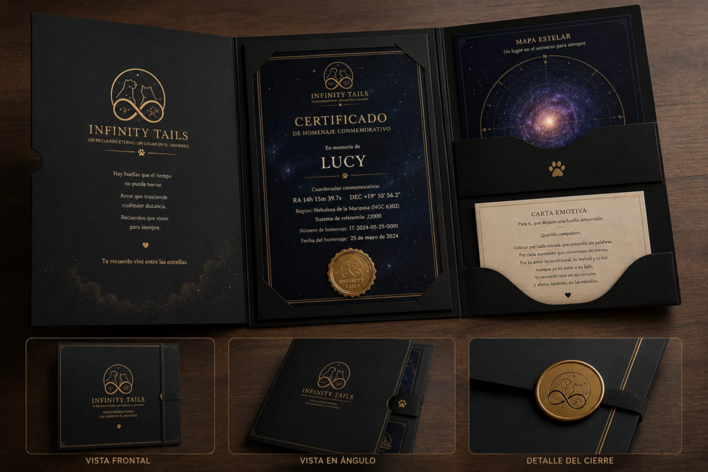 Pack Esencial de Infinity Tails: carpeta negra y dorada con certificado conmemorativo, mapa estelar y carta emotiva.