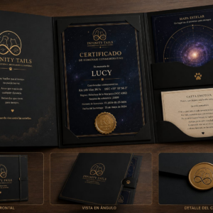 Pack Esencial de Infinity Tails: carpeta negra y dorada con certificado conmemorativo, mapa estelar y carta emotiva.